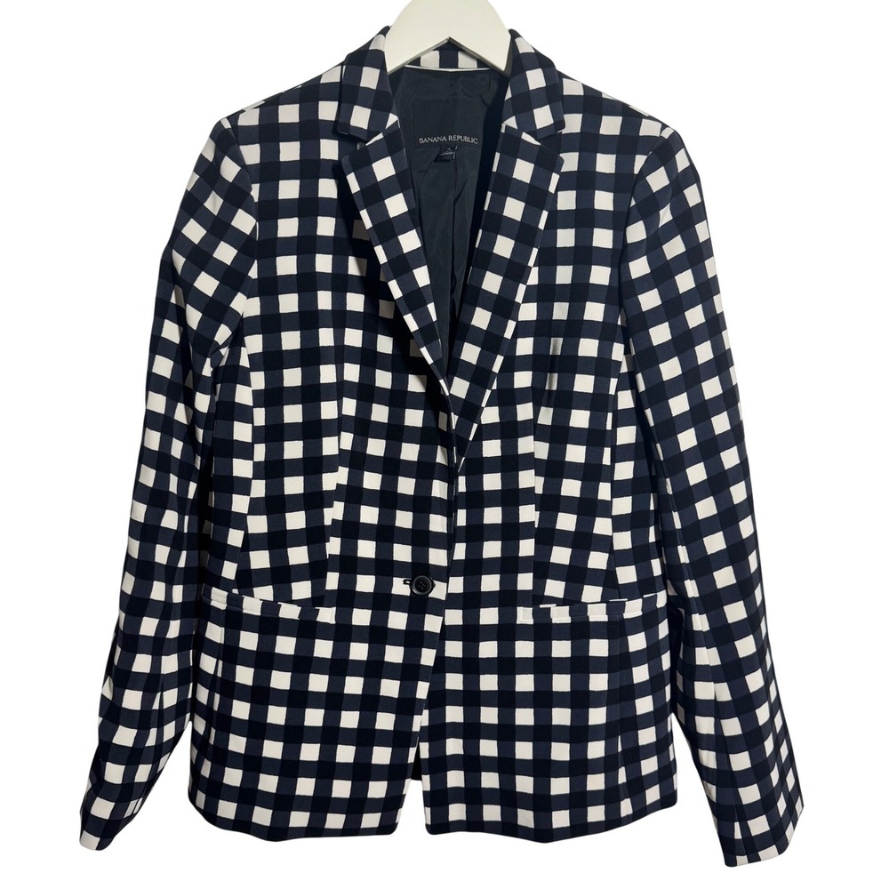 Banana Republic Navy White Gingham Check Single Button Blazer Jacket Size 4